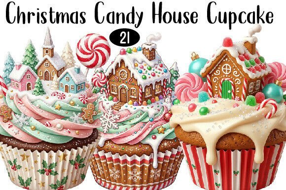 Christmas Candy House Cupcake Clipart & Illustrations