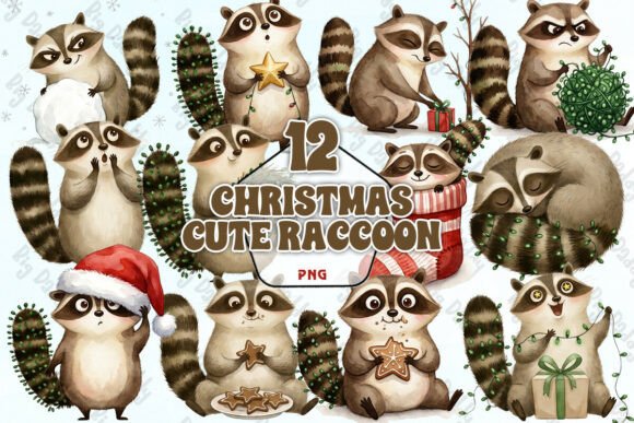 Christmas Cute Raccoon PNG Illustrations
