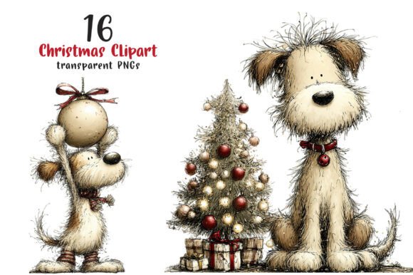 Christmas Dogs Whimsical Clipart & Illustrations
