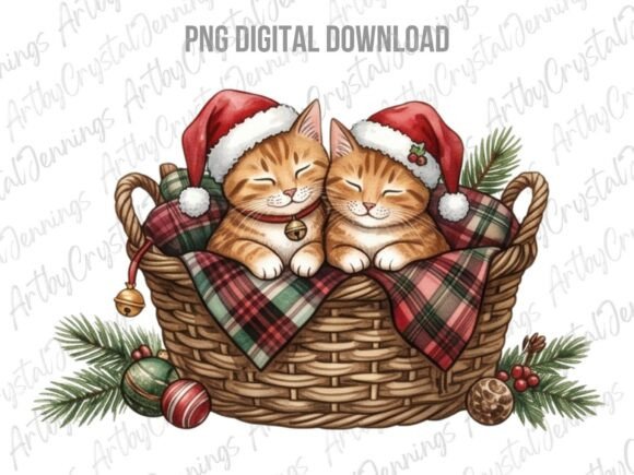 Christmas Holiday Cats in Basket PNG Illustrations
