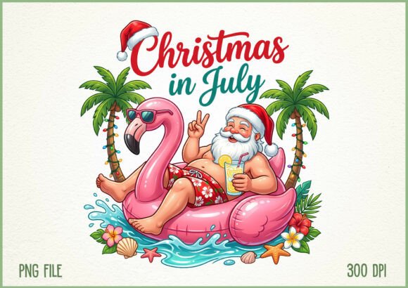 Christmas in July Summer Santa Beach PNG Illustrations