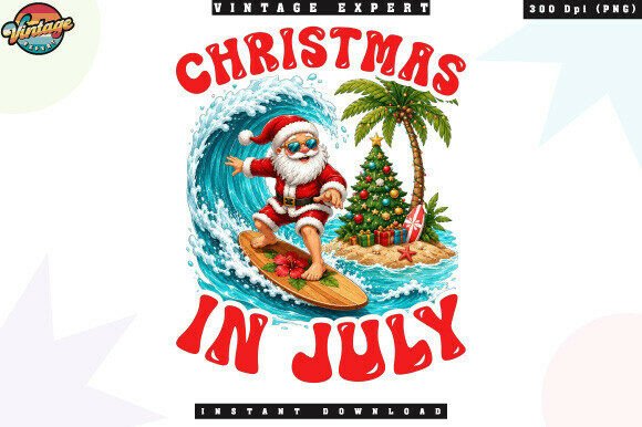 Christmas in July Surfing Santa PNG Illustrations