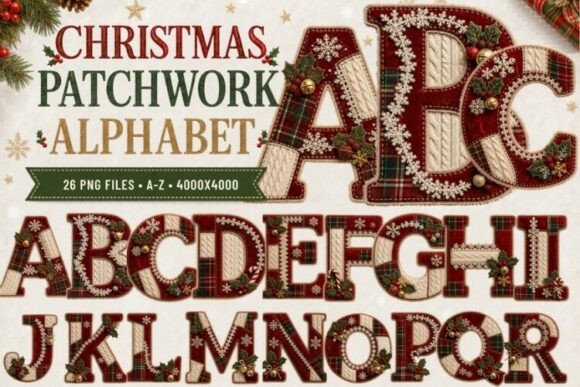 Christmas Patchwork Alphabet PNG, Plaid Illustrations
