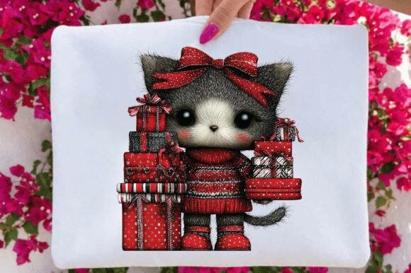 Cute Christmas Kitty with Gifts Illustrations