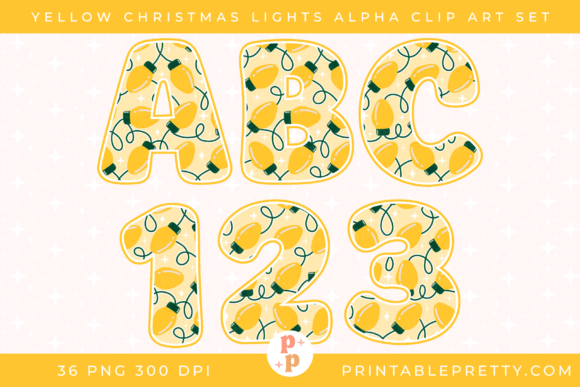 Festive Yellow Christmas Lights Alphabet Illustrations