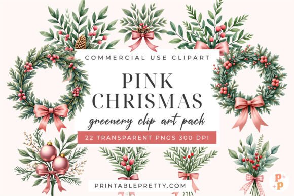 Pink Christmas Greenery Clipart PNG Review