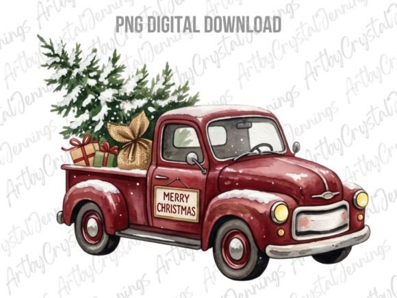 Retro Watercolor Red Christmas Truck PNG Illustrations