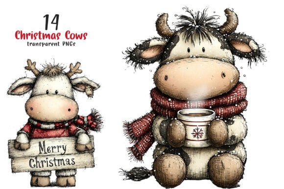 Rustic Christmas Cows Clipart & Illustrations