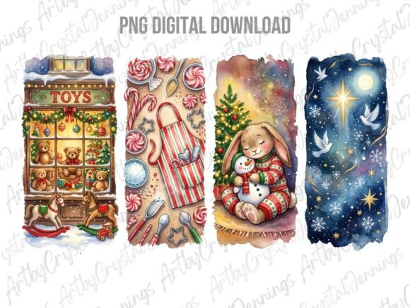 Vintage Christmas Brushstroke Scenes PNG Illustrations