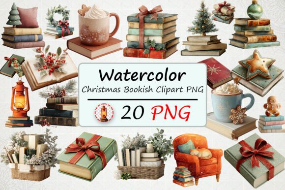 Watercolor Christmas Bookish Clipart PNG