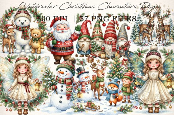 Watercolor Christmas Characters PNG & Illustrations