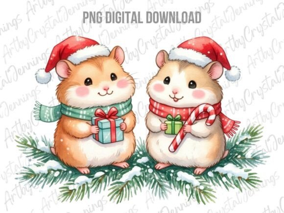 Watercolor Christmas Hamsters PNG Illustrations