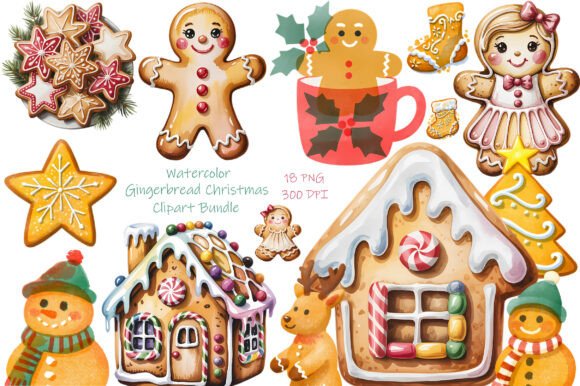 Watercolor Gingerbread Christmas Clipart & Illustrations
