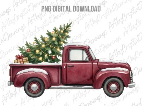 Watercolor Red Christmas Truck PNG & Illustrations