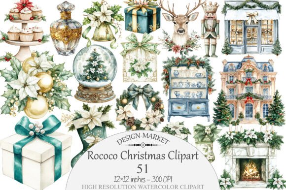 Watercolor Rococo Christmas Clipart & Illustrations