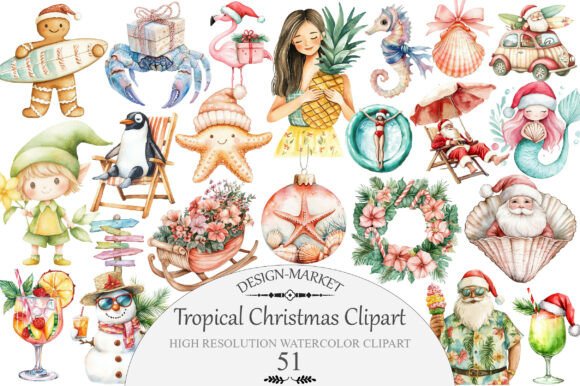 Watercolor Tropical Christmas Clipart & Illustrations