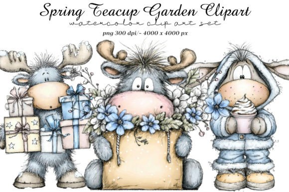 Whimsical Blue Christmas Reindeer Illustrations