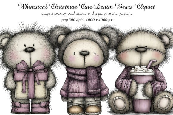 Whimsical Christmas Cute Denim Bears Illustrations