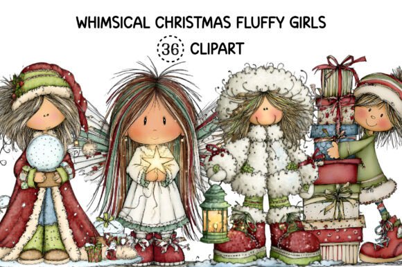 Whimsical Christmas Fluffy Girls Illustrations