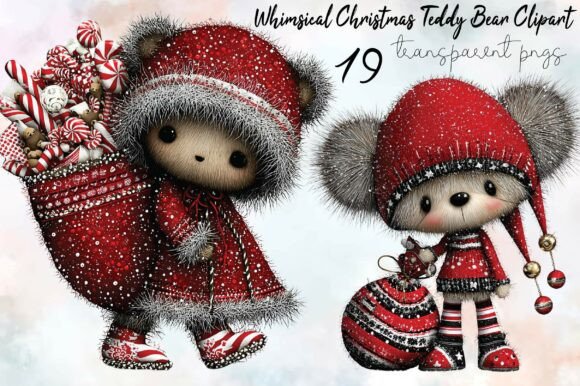 Whimsical Christmas Teddy Bear Clipart & Illustrations