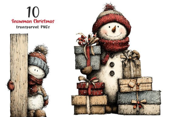 Whimsical Peeking Snowman PNG & Illustrations