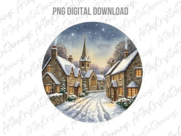 Winter Christmas Village Watercolor PNG Illustrations
